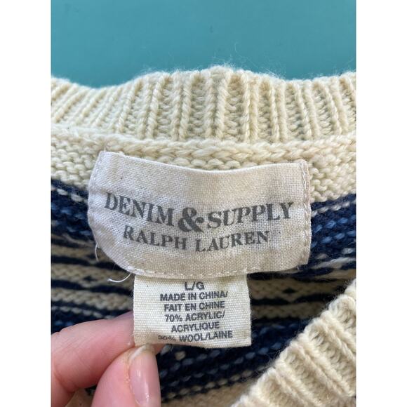 Ralph Lauren Nordic Sweater Pullover Knit Wool Blend Jumper Off White Blue - Picture 8 of 8